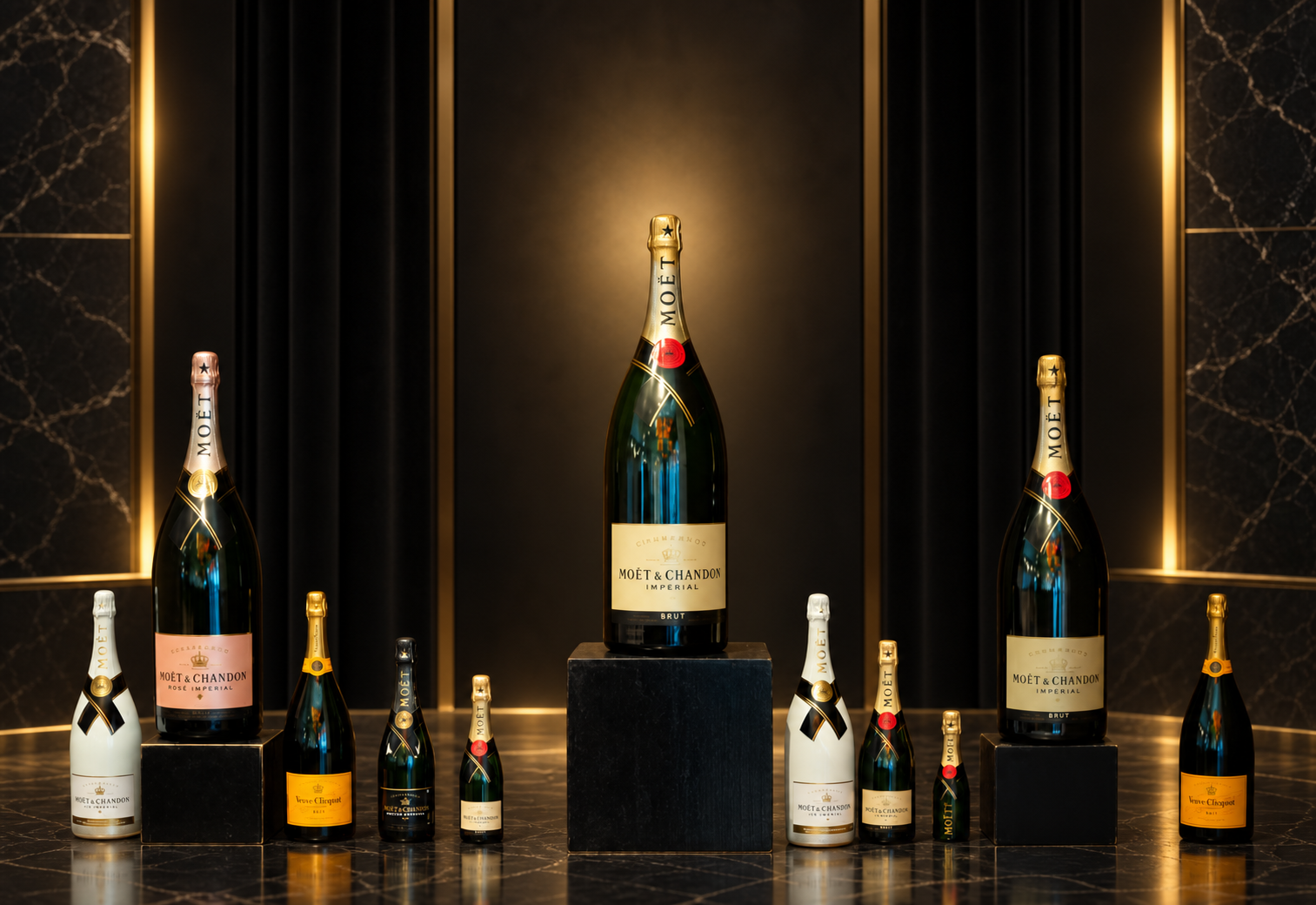 Champagnerflaschen in luxuriösem schwarzem Ambiente mit goldenen Akzenten