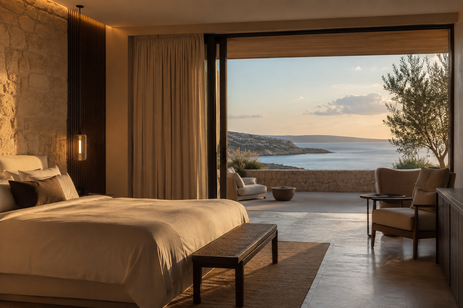 Elegante Luxushotel-Suite mit Meerblick bei warmem Abendlicht