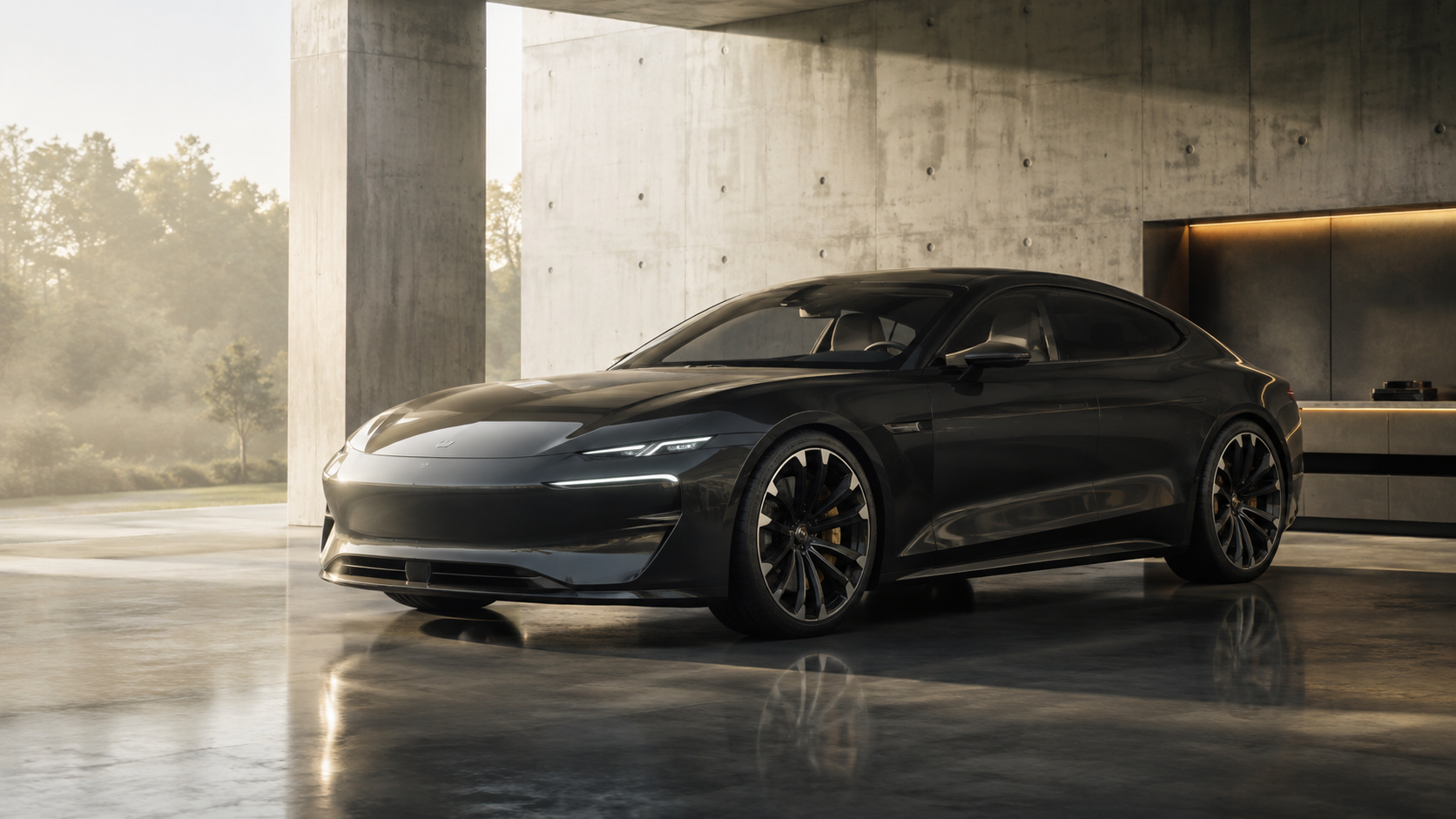 Markenfreier schwarzer Gran Turismo in einer modernen Prüfhalle