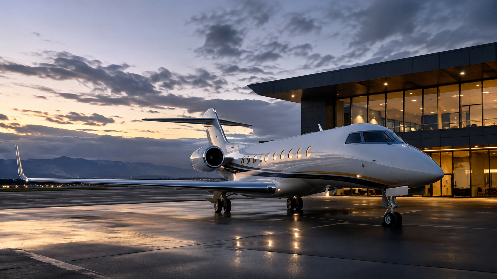 Markenfreier Privatjet vor einem modernen Terminal in der Abenddämmerung